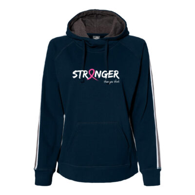 Women's hooded sweatshirt in navy with "Stronger that you think" printed in white, O in stronger replaced with pink ribbon for breast cancer