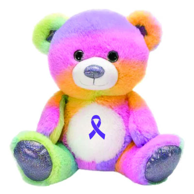 rainbow stuffed bear with purple cancer awareness ribbon on stomach