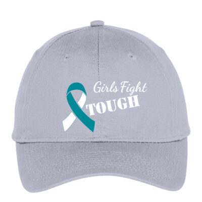 girls fight tough baseball hat with teal/white cancer awareness ribbon