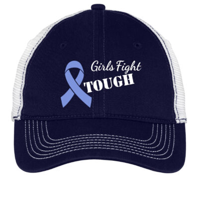 girls fight tough baseball hat in navy with periwinkle cancer awareness ribbon