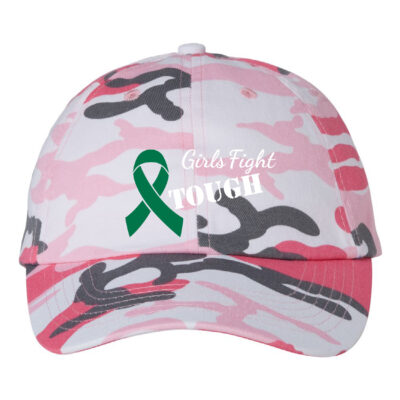 girls fight tough pink camo baseball hat with emerald green cancer awareness ribbon