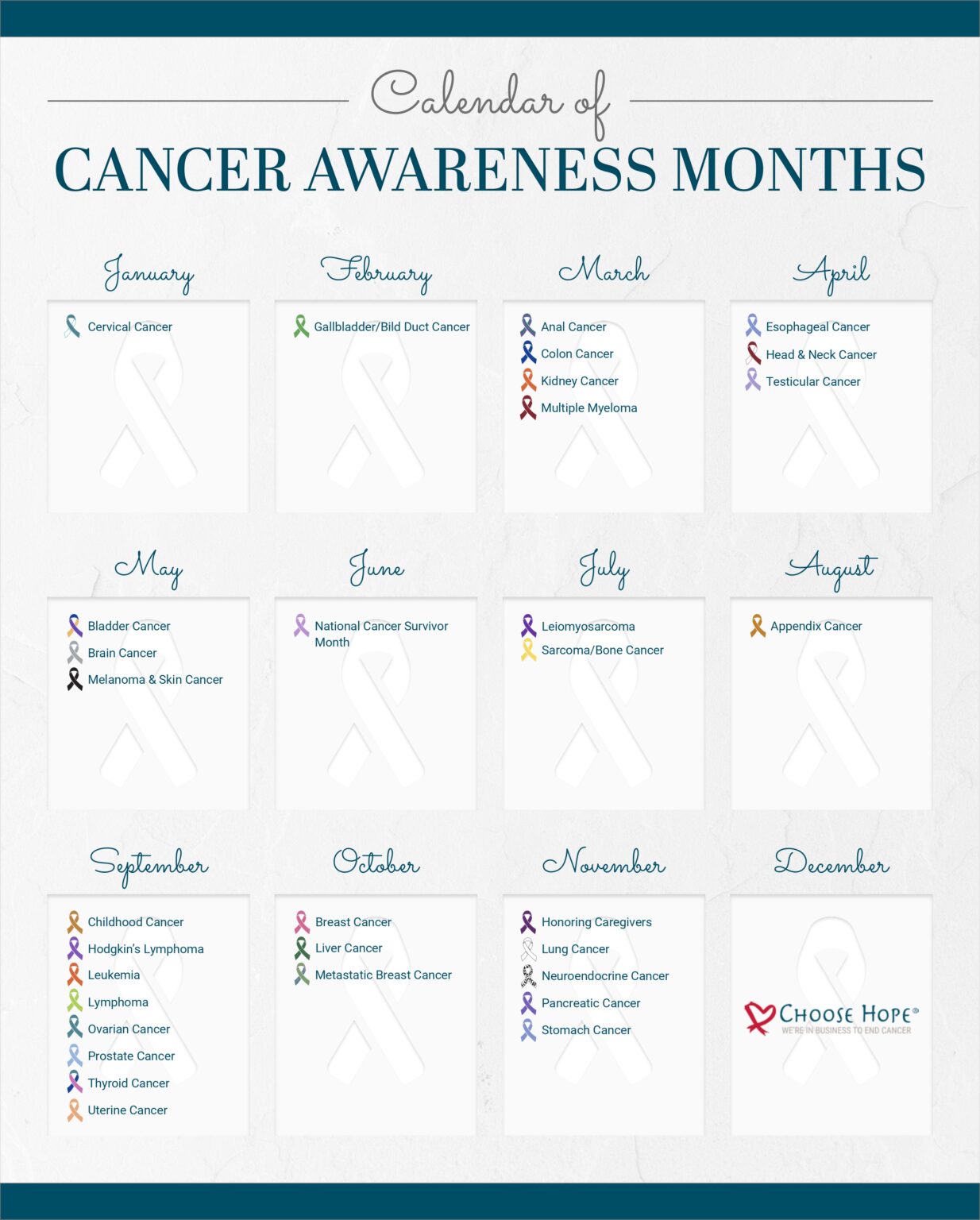 Cancer Awareness Month Calendar & Ribbon Color | Choose Hope