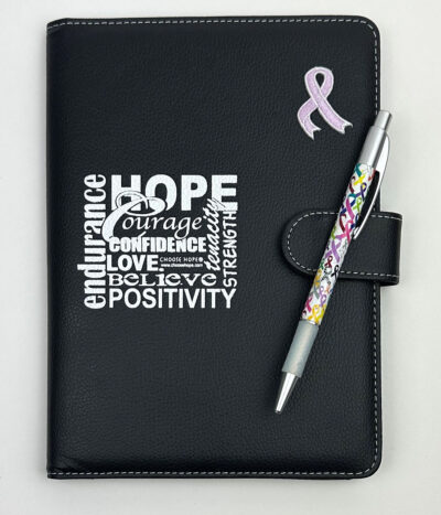 Home, courage, love word collage notebook holder with lavender cancer awareness ribbon & matching pen