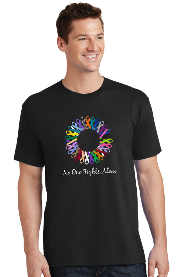 black "no one fights alone" t-shirt with rainbow circle of cancer awareness ribbons