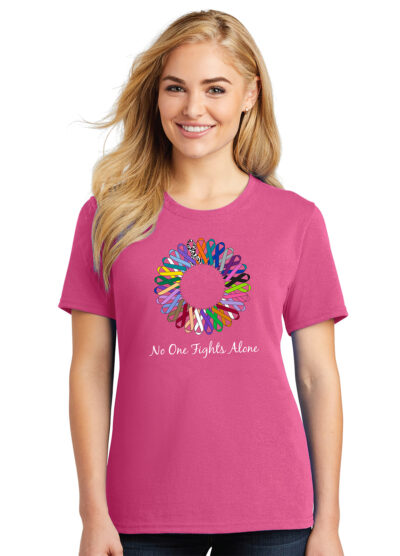 pink t-shirt with "no one fights alone" and rainbow of cancer awareness ribbons