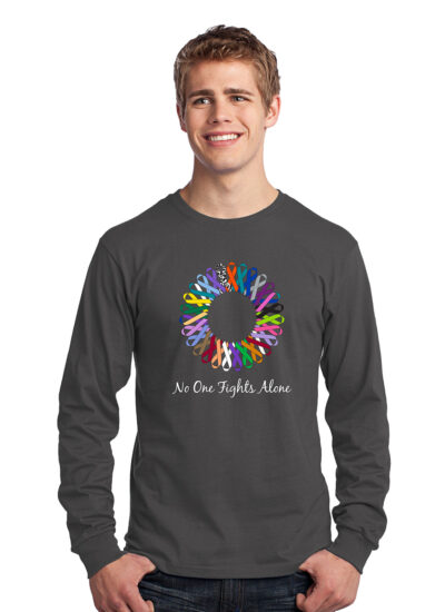 men's long-sleeve, dark grey shirt, "No One fights Alone" text with a circle of different colored cancer awareness ribbons