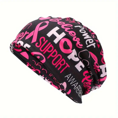 black head covering with pink cancer awareness ribbon, hope and support text