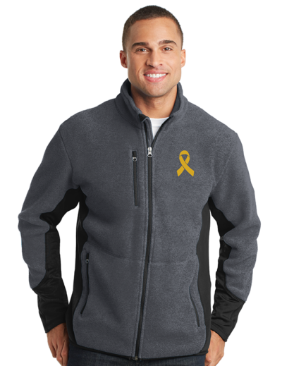 men's grey zip-up fleece with gold cancer awareness ribbon