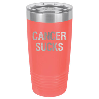Peach 20oz. tumbler with Cancer Sucks laser engraved on the tumbler. This product available in 17 different colors.