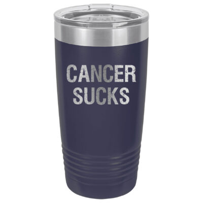 Navy 20oz. tumbler with Cancer Sucks laser engraved on the tumbler. This product available in 17 different colors.