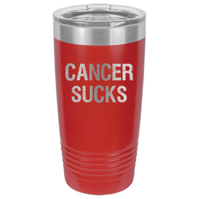 Red 20oz. tumbler with Cancer Sucks laser engraved on the tumbler. This product available in 17 different colors.
