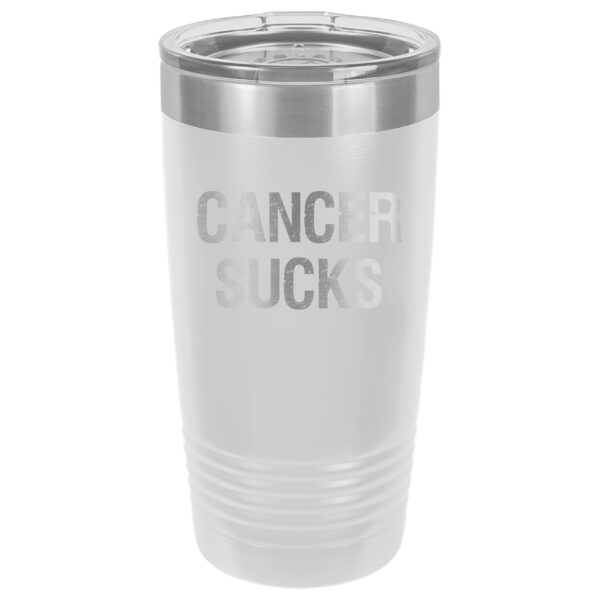 White Green 20oz. tumbler with Cancer Sucks laser engraved on the tumbler. This product available in 17 different colors.