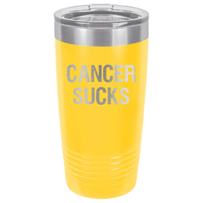 Yellow 20oz. tumbler with Cancer Sucks laser engraved on the tumbler. This product available in 17 different colors.