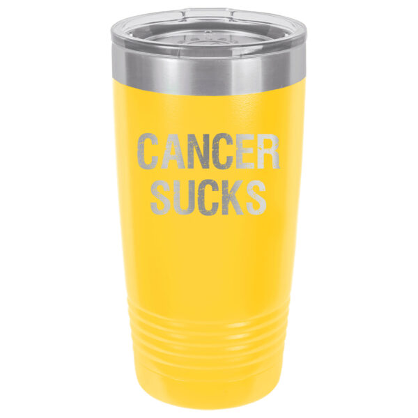 Yellow 20oz. tumbler with Cancer Sucks laser engraved on the tumbler. This product available in 17 different colors.