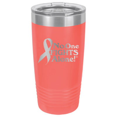 20oz. Stainless Steel coral tumbler with laser engraved NOFA ribbon design.