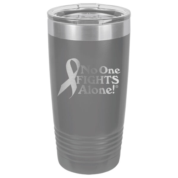 20oz. Stainless Steel Dark grey tumbler with laser engraved NOFA ribbon design.