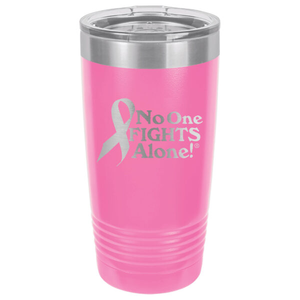 20oz. Stainless Steel Pink tumbler with laser engraved NOFA ribbon design.