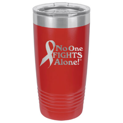 20oz. Stainless Steel Red tumbler with laser engraved NOFA ribbon design.