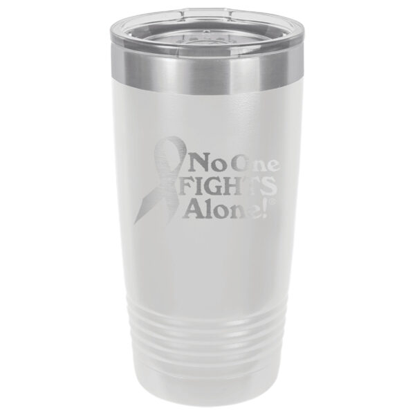 20oz. Stainless Steel White tumbler with laser engraved NOFA ribbon design.