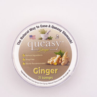 Image showing Queasy Drops in Ginger flavor. These come in a container with 21 lozenges in each container.