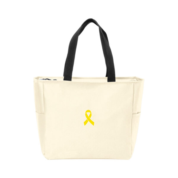 Stone colored Essential Zip Tote Bag with Yellow Cancer Awareness Ribbon Color embroidered on the bag.