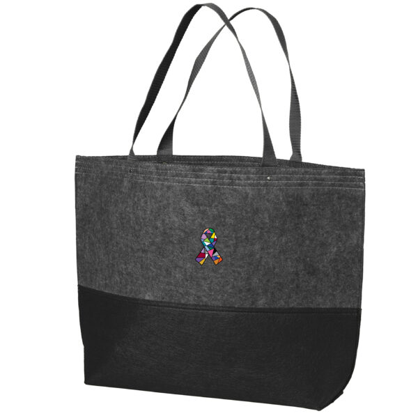 Cancer Awareness Large Felt Tote Bag in Black Color with Cancer awareness ribbon embroidered on the bag.