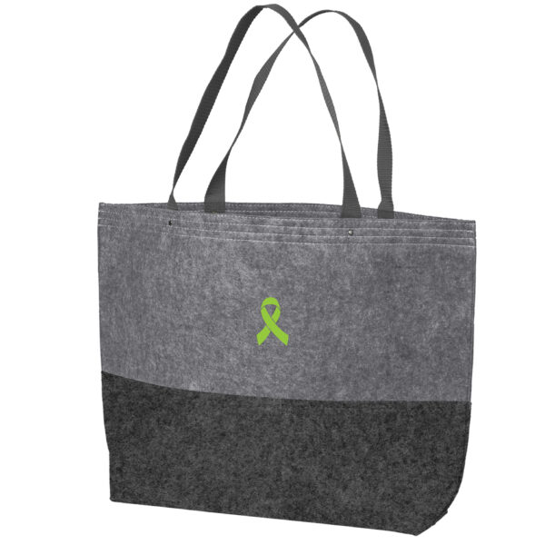 Cancer Awareness Large Felt Tote Bag in Heather Grey Color with Cancer awareness ribbon embroidered on the bag.