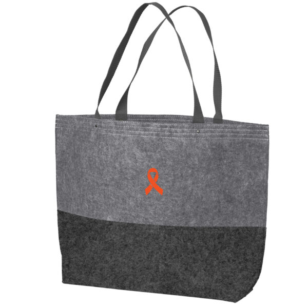 Cancer Awareness Large Felt Tote Bag in Heather Grey Color with Cancer awareness ribbon embroidered on the bag.