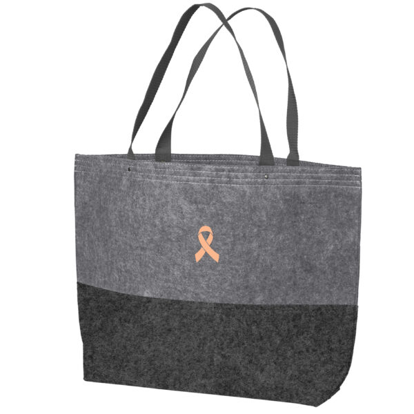 Cancer Awareness Large Felt Tote Bag in Heather Grey Color with Cancer awareness ribbon embroidered on the bag.