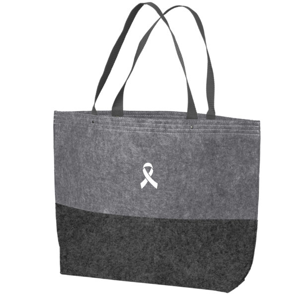 Cancer Awareness Large Felt Tote Bag in Heather Grey Color with Cancer awareness ribbon embroidered on the bag.