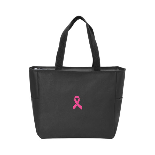 Black Essential Zip Tote Bag with Pink Cancer Awareness Ribbon Color Embroidered on the bag, representing Breast Cancer.