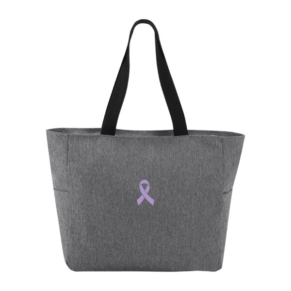 Heather Grey Essential Zip Tote Bag with Lavendar Awareness Ribbon Color embroidered on the bag.