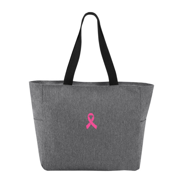 Heather Grey Essential Zip Tote Bag with Pink Cancer Awareness Ribbon Color embroidered on the bag.