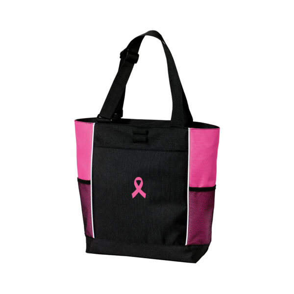Pink and Black Panel Tote Bag with a pink ribbon embroidered on the bag representing Breast Cancer Awareness