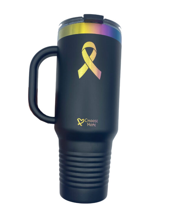 Cancer Awareness Tumbler Black 40oz Stainless Steel with Lid and Straw and Cancer awareness ribbon laser engraved on the tumbler