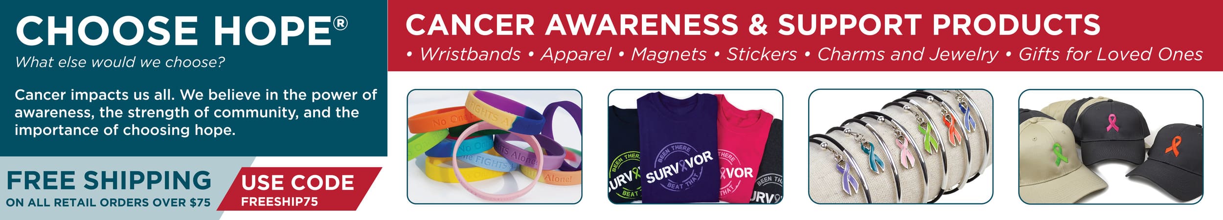 banner image with text "cancer awareness and support" and images of rubber wristbands, t-shirts, and other products available on the website