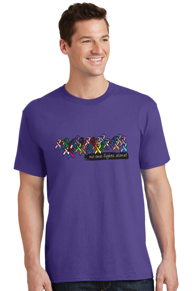 image showing a man wearing the purple color of our No One Fights Alone® Multicolored Ribbon T-Shirt which has all cancer awareness ribbons along with a black banner that says 'no one fights alone!' printed on the front, center of the t-shirt.