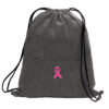 Dark grey Cancer Ribbon Sweatshirt Cinch Bag with a pink breast cancer awareness ribbon on the front of the bag
