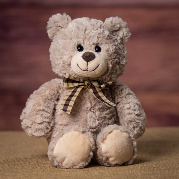 Brown Cancer Awareness Teddy Bear 11 inches tall with a white t-shirt that has the cancer ribbon of your choice printed on the t-shirt that is then placed on the bear.