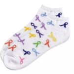 white Cancer Awareness Socks with multicolored ribbons for all cancer types