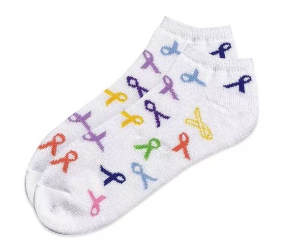 white Cancer Awareness Socks with multicolored ribbons for all cancer types