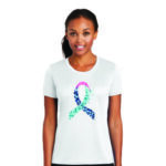 image showing the Show support and spread awareness for all cancer types with this comfortable Bubble Ribbon Ladies Performance T-shirt in white, with the Teal Pink and Blue bubble ribbon design printed on the front of the t-shirt, representing thyroid cancer