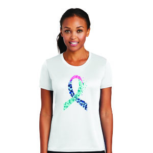 image showing the Show support and spread awareness for all cancer types with this comfortable Bubble Ribbon Ladies Performance T-shirt in white, with the Teal Pink and Blue bubble ribbon design printed on the front of the t-shirt, representing thyroid cancer