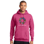 Pink Hooded Sweatshirt with the Circle of Hope Multicolored Ribbon No One Fights Alone® design printed on the front of the sweatshirt. The design features all cancer awareness ribbon colors, in a circle, symbolizing the circle of hope with the phrase, "No One Fights Alone" underneath of the circle of ribbons.