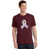 Encouragement Cancer Ribbon T-shirt in the shirt color Burgundy with a the words, "Courage, Hope, Strength, Victory, Resolve, Love, Support, Faith, Fight" in multiple colors on top of a white ribbon.