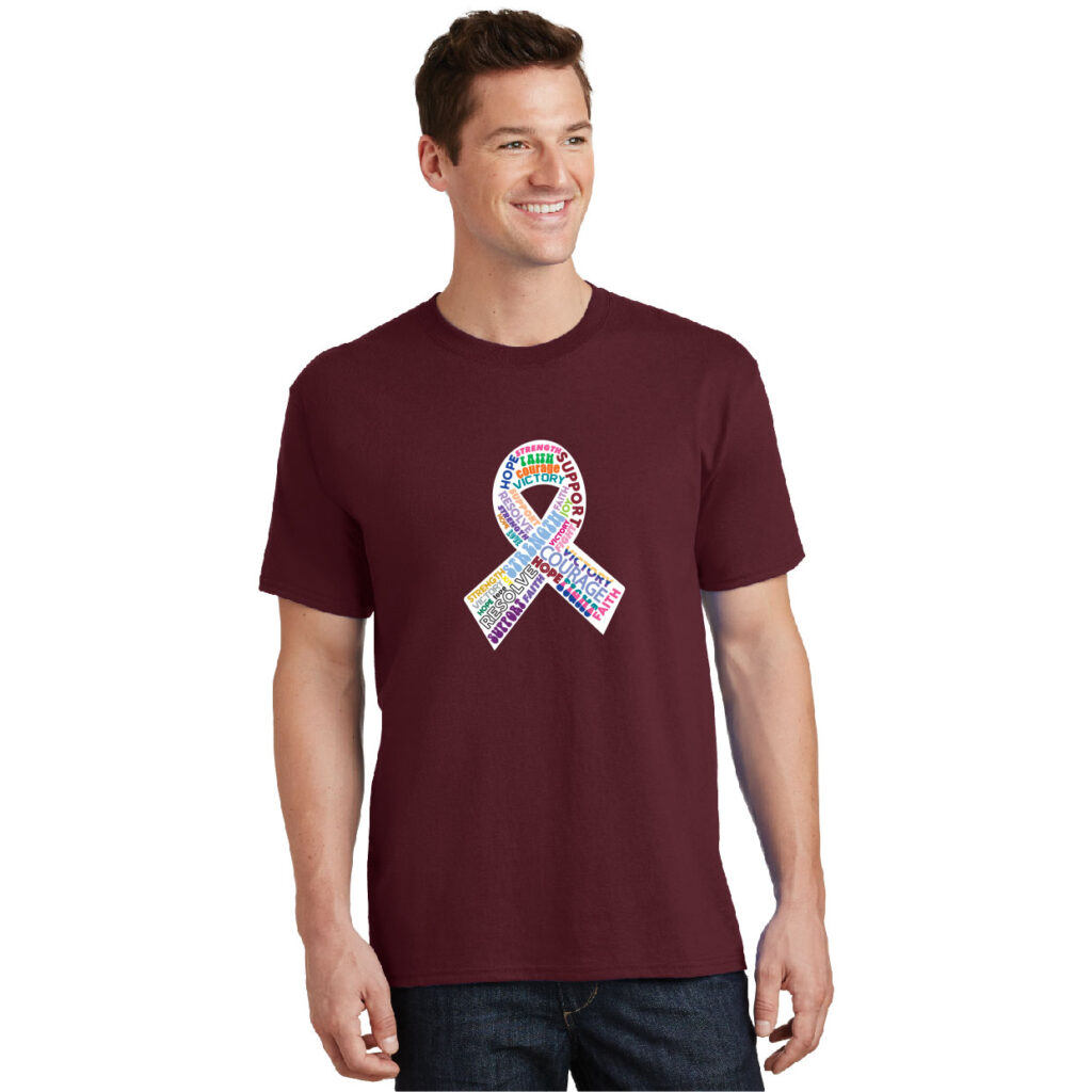 Encouragement Cancer Ribbon T-shirt in the shirt color Burgundy with a the words, "Courage, Hope, Strength, Victory, Resolve, Love, Support, Faith, Fight" in multiple colors on top of a white ribbon.