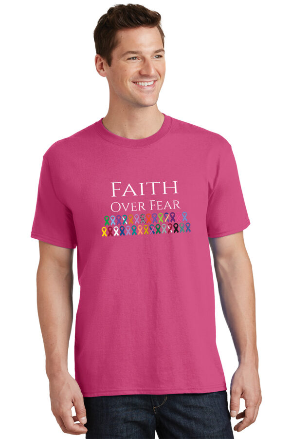 Faith Over Fear T-shirt in pink shirt color, with the wording 'Faith Over Fear' printed on the front of the t-shirt along with all of the cancer awareness ribbons representing all cancers.