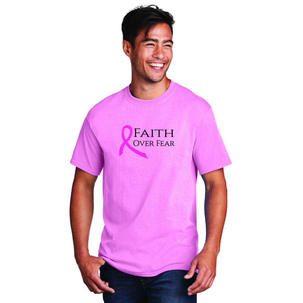 Image shows the light pink Faith Over Fear Breast Cancer Awareness T-shirt that has 'Faith Over Fear' printed in black text and a darker pink ribbon representing breast cancer awareness.