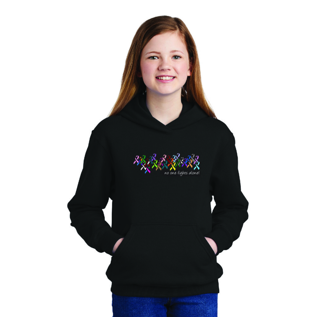 Image shows the black version of our No One Fights Alone® Multicolored Ribbon Youth Hooded Sweatshirt