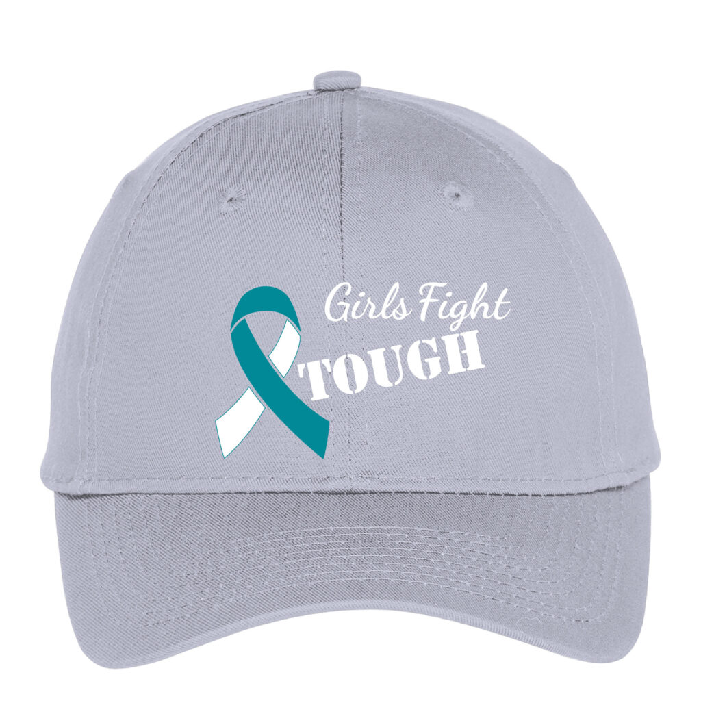 Girls Fight Tough® Cancer Awareness Ribbon Cap in Silver cap color with a Teal and White cancer awareness ribbon color embroidered with the words "Girls Fight TOUGH" on the front of the cap.